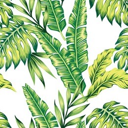 fashion painting jungle wallpaper of exotic tropic plants of banana palm leaves. print hawaii seamless vector pattern on trendy white background