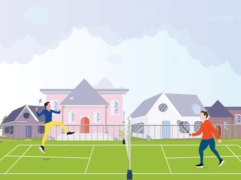 youth in sports concept with young badminton players playing on the court outside the houses - conceptual illustration and graphical presentation
