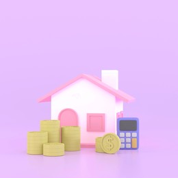 3d home mortgage loan. coin stack, calculator, and house model. saving money for retirement. real estate property investment. 3d rendering illustration. 