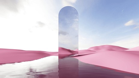 3d render of surreal landscape with  water and colorful sand. podium, display on the background of abstract glass, mirror shapes and objects. fantasy world, futuristic fantasy image.