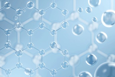 glass molecule model. reflective and refractive abstract molecular shape isolated on blue background. 3d  illustration
