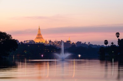 sunset at kandawgyi lake in yangon, myanmar