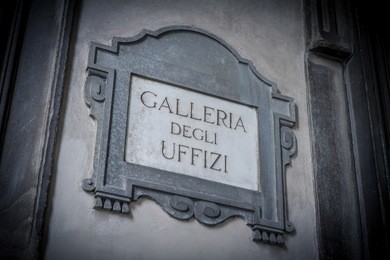 marble plaque near the famous uffizi gallery museum in florence, tuscany, italy