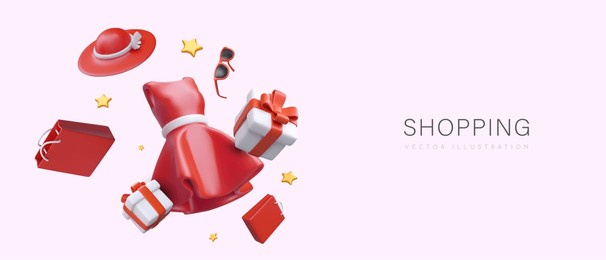 happy shopping. advertising banner in cartoon style. template with floating 3d objects, place for text. red dress, hat, sunglasses, gift boxes and packages, stars
