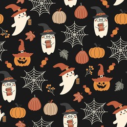 halloween seamless pattern. vector illustration of halloween party. cute ghosts, spider web and pumpkins on a dark background. vector cartoon seamless pattern.