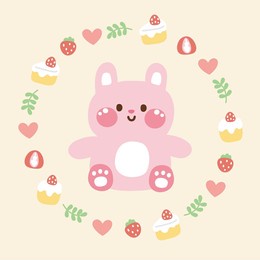 cute rabbit sit in circle icon tiny frame cartoon hand drawn.floral frame.logo.pastel color.bakery,cake,sweet,strawberry.bunny.kawaii.vector.illustration.