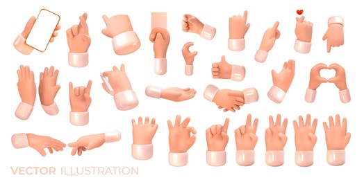 3d hands in different positions. from different sides. gesturing. set of hands in different gestures. vector illustration
