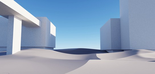 3d render surreal pastel landscape background with geometric shapes, abstract fantastic desert dune in seasoning landscape with arches, panoramic, futuristic scene with copy space, blue sky and cloudy
