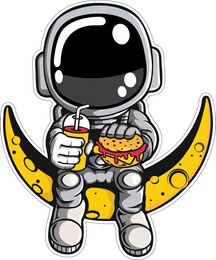 an astronaut on the moon, with a drink and a burger.