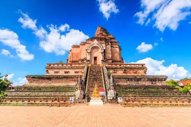 ancient pagoda at wat chedi luang temple 700 years in chiang mai, asia thailand, they are public domain or treasure of buddhism, no restrict in copy or use 