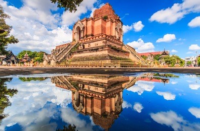 ancient pagoda at wat chedi luang temple 700 years in chiang mai, asia thailand, they are public domain or treasure of buddhism, no restrict in copy or use 