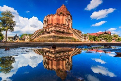 ancient pagoda at wat chedi luang temple 700 years in chiang mai, asia thailand, they are public domain or treasure of buddhism, no restrict in copy or use 
