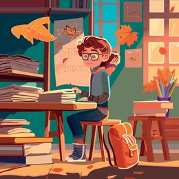 the student sits in the classroom at the desk. there are books and notebooks on the desk, the girl has a pen in her hands, and there is a backpack on the floor near the student. the sun shines through