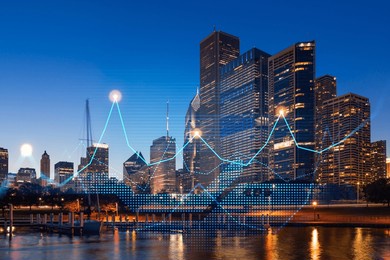 skyscrapers cityscape downtown view, chicago skyline buildings. beautiful real estate. night time. forex financial graph and chart hologram. business education concept.
