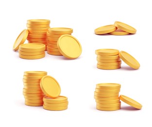 set of stacked gold blank metal coins, 3d realistic money, cash, treasure heap. game assets, payment signs, bank, finance symbols vector illustration isolated on white background