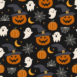halloween seamless pattern. vector illustration of halloween party. pumpkins, ghosts and spider web on a dark background. vector cartoon seamless pattern.