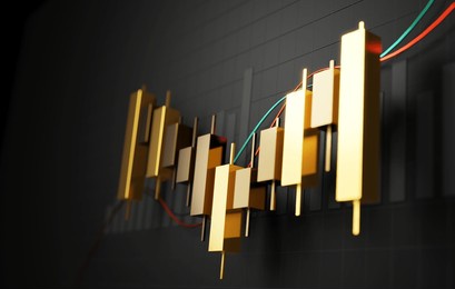 financial analysis and trading success as a golden candlestick shines against a captivating black background, guiding you towards profitable ventures. 3d render illustration.