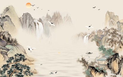 hand drawn oil painting on canvas, landscapes traditional and contemporary art, fishing boat with mountains cape background, an old houses built on a river, birds flying in the sky, royal poster
