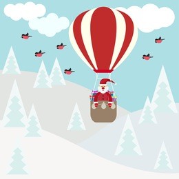 funny cartoon winter holidays greeting card with santa claus flying in a hot air balloon over the winter forest and bullfinch