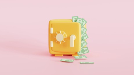 safe box and money on pink background financial security concept. 3d rendering 