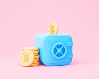 3d safe money box with stack coins icon, cartoon security deposit locker, blue closed vault metal door on pink background. saving finance strongbox concept. 3d render illustration