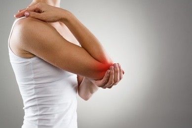 woman suffering from chronic joint rheumatism. elbow pain and treatment concept. 