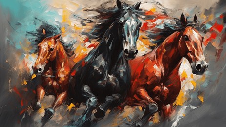 modern painting, abstract, metal elements, texture background, animals, horses,
