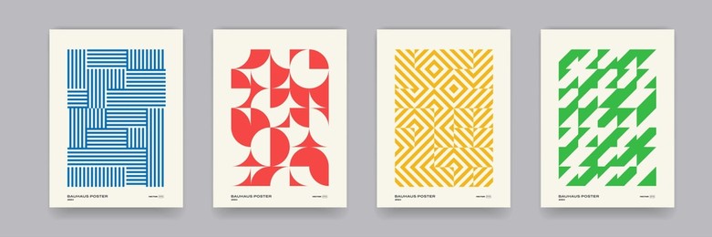 retro geometric pattern background, vector abstract circle, triangle and square lines art. yellow, blue, red and green color, trendy bauhaus pattern backgrounds set