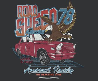eagle with car vector t-shirt print design. american racing. road speed. racing club print design for t shirt print, poster, sticker, background and other uses. wing.