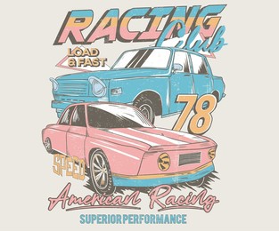racing club. speed car vector t-shirt print design. american racing club print design for t shirt print, poster, sticker, background and other uses.