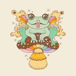 frog butterfly on mushroom sticker. vintage groovy illustration of cute frog on mushroom. doodle psychedelic art of happy toad with butterfly wings on amanita, vector hand drawn retro hippie poster