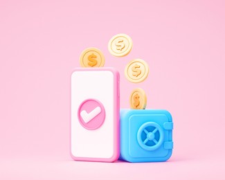 3d money-saving concept. smartphone with safe box and falling coins, bank deposits, successful money transfer, coins storage and protection. 3d rendering illustration