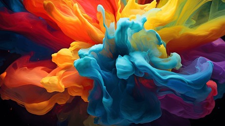 colorful paint splashed into a black background, in the style of organic and flowing forms, sky-blue and amber, light yellow and crimson, flowing fabrics and ethereal cloudscapes.
