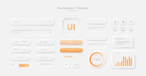 a set of user interface elements for a mobile application. a collection of icons for user interface development in white and orange. buttons for mobile devices in the style of neumorphism, ui, ux