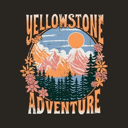 colorfull yellowstone adventure outdoors prints, mountain camping. adventure vintage print design for t shirt and others. national park graphic artwork for sticker, poster, background.