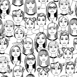 cartoon women faces crowd doodle hand-drawn seamless pattern