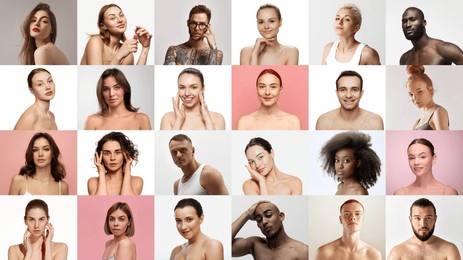 collage made of portraits with beautiful different nationality young men and women enjoy spa treatments. body and beauty care, daily hygiene, moisturizing cosmetics