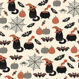 halloween seamless pattern. vector illustration of halloween party. black cat, bat, spider web and pumpkins on a light background. vector cartoon seamless pattern.