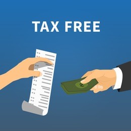 tax refund. exchange a check for the money, flat illustration on blue background