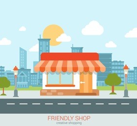 flat style modern tiny friendly shop showcase in the city web concept vector. little store with marquise sunblind stands on the street edge. small business retail website conceptual illustration.