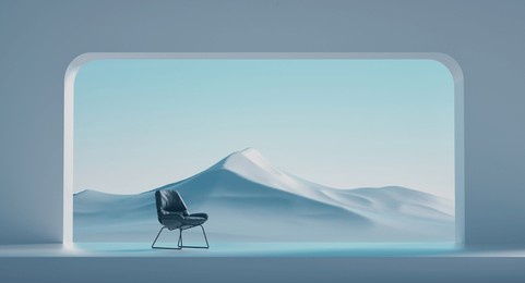 blue minimalist terrace  with a chair in front of an arcade , with a view to an abstract landscape . this is a 3d render illustration.