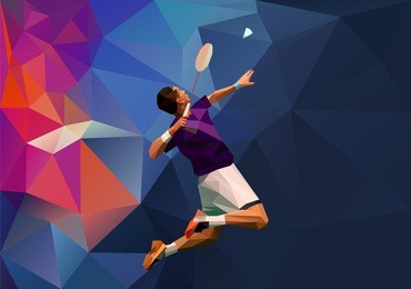 vector abstract triangle polygon style male badminton player doing smash shot with space for poster, web, leaflet, magazine