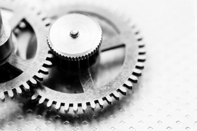 clock mechanism, black and white photo