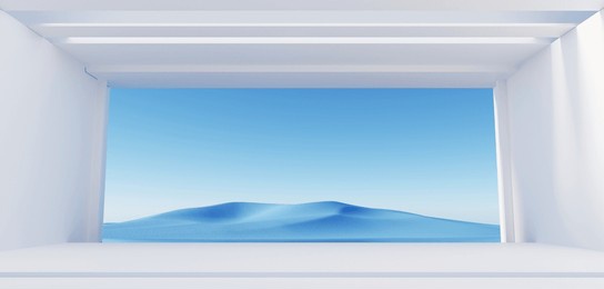 3d render surreal pastel landscape background with geometric shapes, abstract fantastic desert dune in seasoning landscape with arches, panoramic, futuristic scene with copy space, blue sky and cloudy