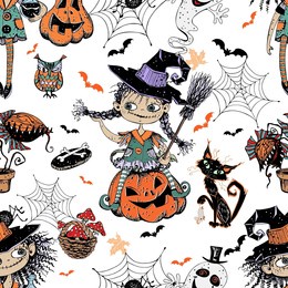 seamless pattern on halloween theme with little girls witches pumpkins and various horror elements. vector