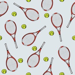 tennis racket and ball on a gray background, seamless pattern