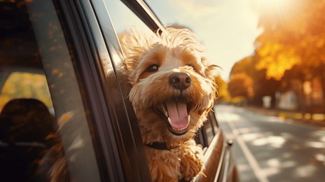 happy dog in the car window with the wind