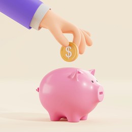 cartoon character man hand putting a dollar coin into piggy moneybox, beige background. concept of savings and accumulation of income. 3d rendering illustration