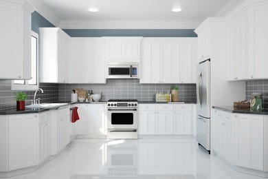 interior of new white kitchen with kitchenware and clean tiles (3d rendering)