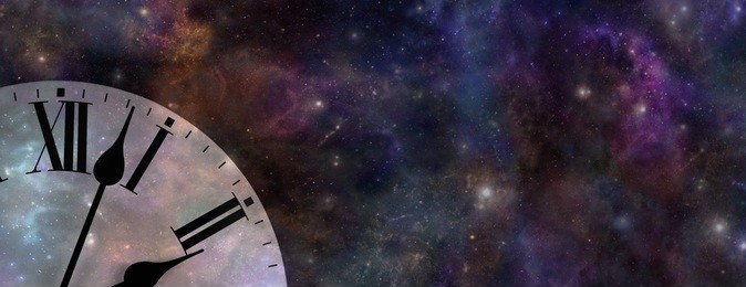 time and space website banner  -  wide background of deep space with a clock face in left bottom corner depicting time and space